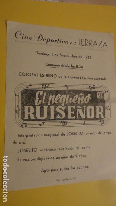 Cine: ANTIGUO PASQUIN.JOSELITO EL PEQUE&Ntilde;O RUISE&Ntilde;OR.CINE DEPORTIVO TERRAZA.MERIDA 1957