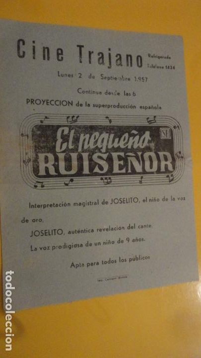 Cine: ANTIGUO PASQUIN.JOSELITO EL PEQUE&Ntilde;O RUISE&Ntilde;OR.CINE TRAJANO. MERIDA 1957