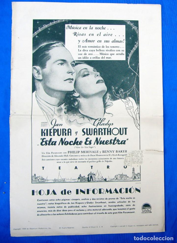 Cine: PARAMOUNT PICTURES. HOJA DE INFORMACI&Oacute;N SOBRE LA PEL&Iacute;CULA ESTA NOCHE ES NUESTRA. JAN KIEPURA, 1936.