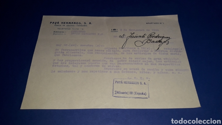Cine: Carta comercial informativa Ferrocarriles, Juguetes Pay&aacute; Hermanos, Ibi Espa&ntilde;a, original a&ntilde;o 1944.