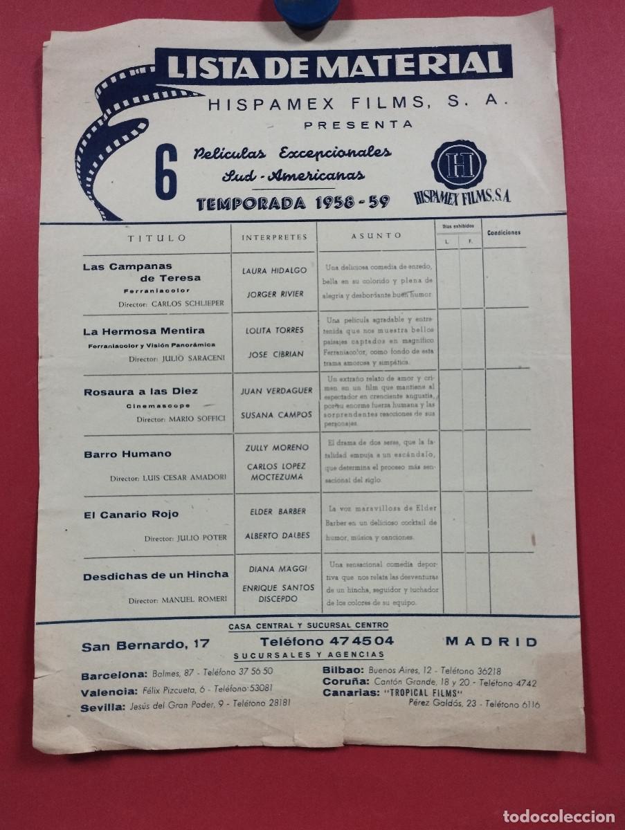 Cinema: LISTA DE MATERIAL 1958-59 CB HISPANEX FILMS LOLITA TORRES ELDER BARBER LAURA HIDALGO