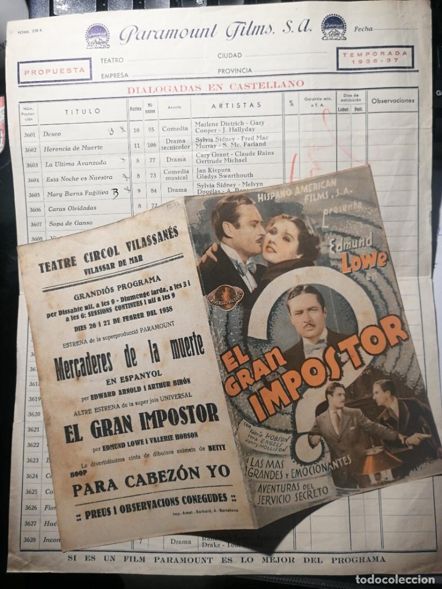Cine: 2 articulos-EL GRAN IMPOSTOR. VILASSAR DE MAR-1938 y listado PARAMOUNT FILMS guerra civil 1936 -37