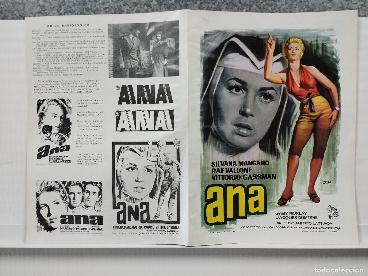 Cinema: ANA. SILVANA MANGANO, RAF VALLONE, VITTORIO GASSMAN. GUIA ORIGINAL DOBLE