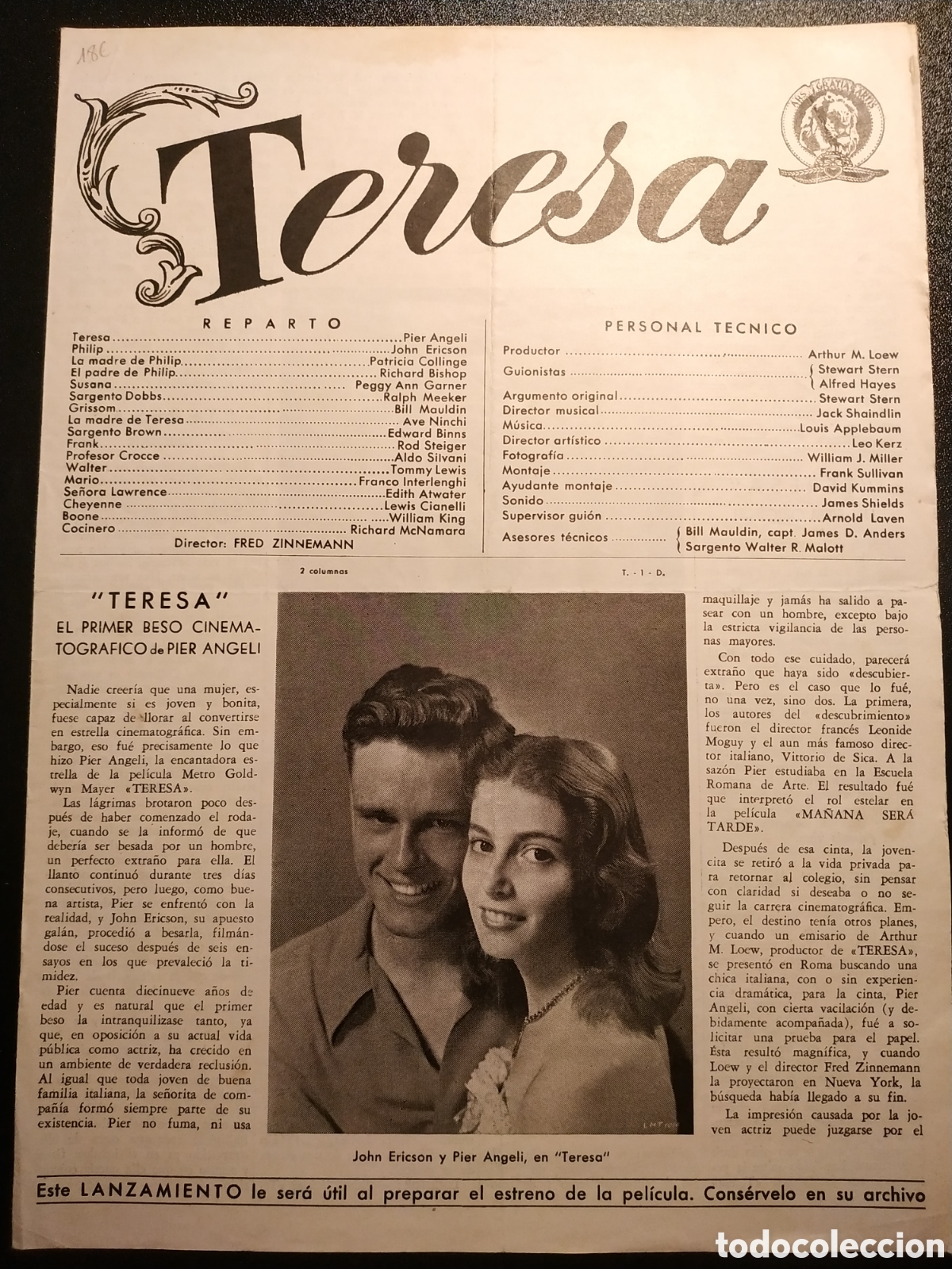 Cine: TERESA - JOHN ERICSON Y PIER ANGELI - 2 PAG - GUIA DE CINE ORIGINAL J23