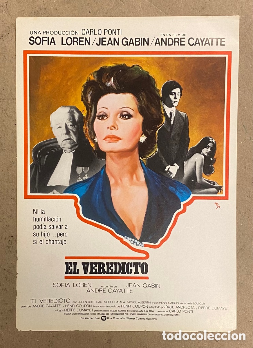 Cine: EL VEREDICTO. GU&Iacute;A PROMOCIONAL DE LA PEL&Iacute;CULA. SOFIA LOREN, JEAN GABIN, ANDRE CAYATTE