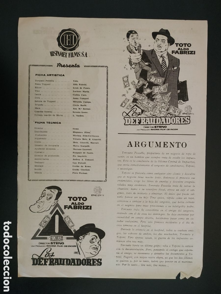 Cinema: LOS DEFRAUDADORES - TOTO Y ALDO FABRIZI - GUIA DE CINE ORIGINAL - B19