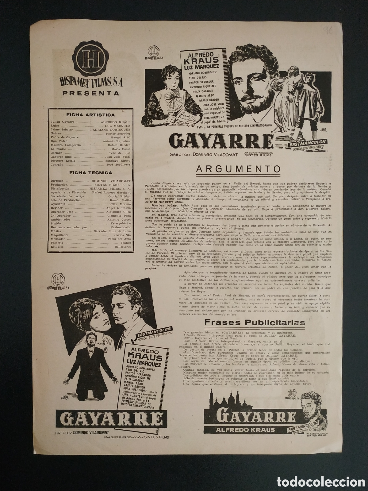 Cinema: GAYARRE - ALFREDO KRAUS Y LUZ MARQUEZ - GUIA DE CINE ORIGINAL - B19