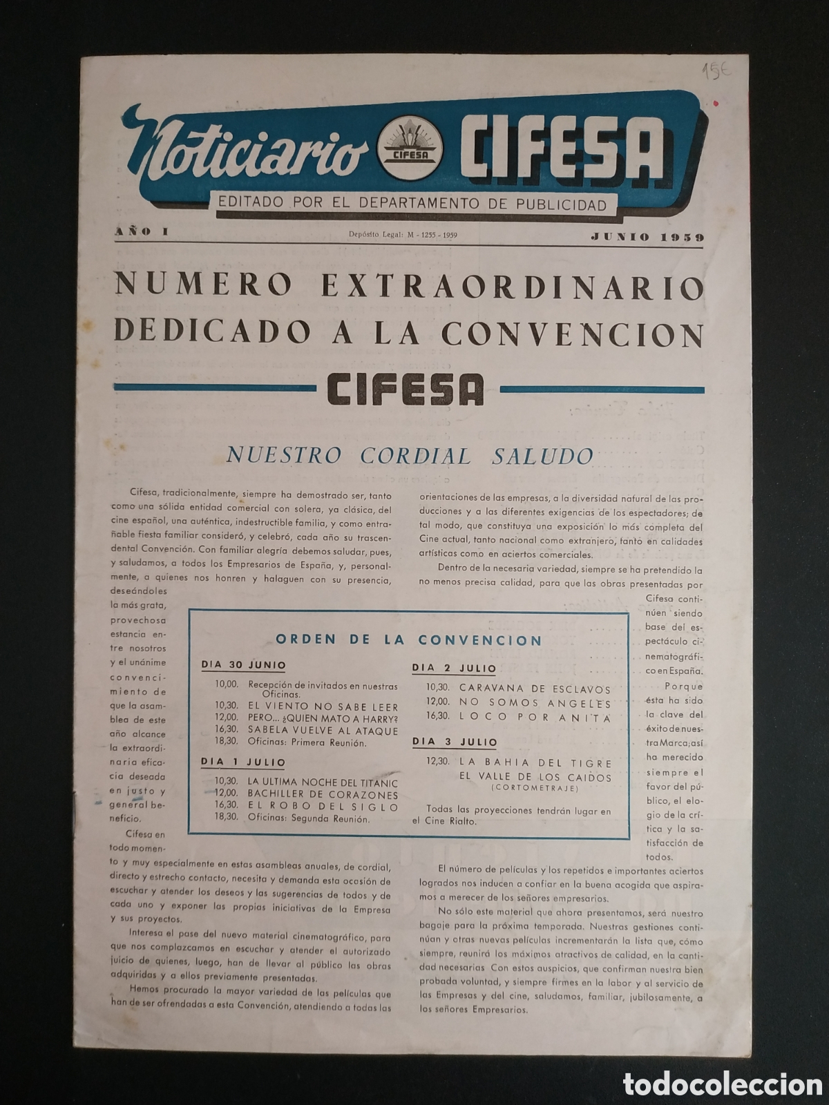 Cine: NOTICIARIO CIFESA JUNIO 1959 A&Ntilde;O I - ALFRED HITCHCOCK , HARDY KRUGER ... - GUIA DE CINE ORIGINAL B24