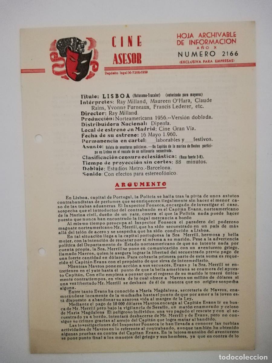 Cinema: GUIA PUBLICITARIA LISBOA - CINE ASESOR, HOJA ARCHIVABLE DE INFORMACION N&ordm; 2166