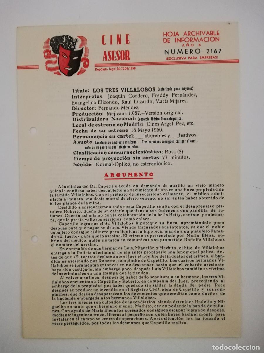 Cinema: GUIA PUBLICITARIA LOS TRES VILLALOBOS - CINE ASESOR, HOJA ARCHIVABLE DE INFORMACION N&ordm; 2167