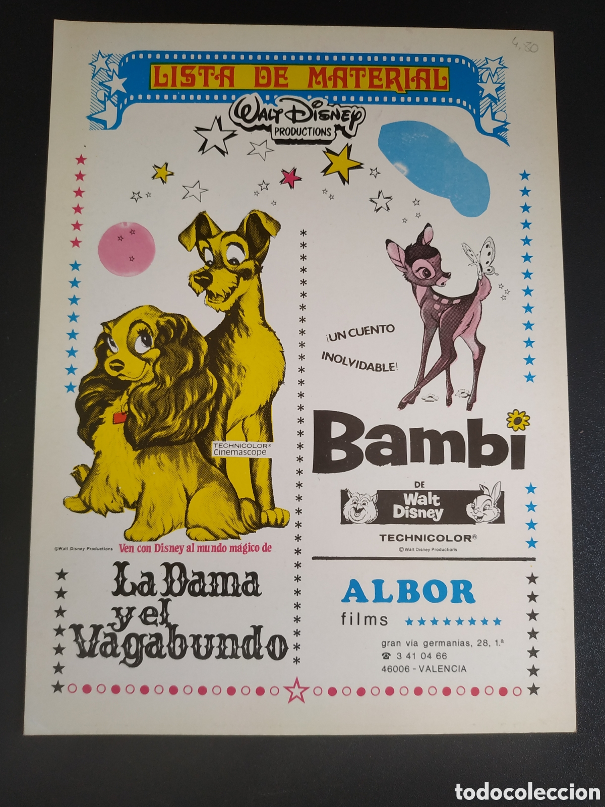 Cine: LISTA DE MATERIAL WALT DISNEY - BAMBY LIBRO DE LA SELVA DAMA Y VAGABUNDO - GUIA DE CINE ORIGINAL B92