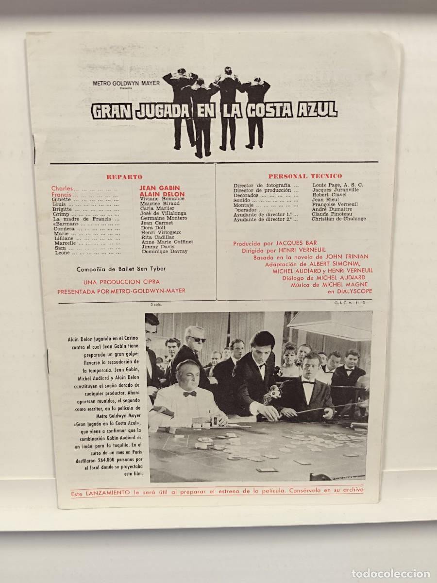 Cinema: GRAN JUGADA en La COSTA AZUL. Alain Delon y Jean Cabin.. GUIA ORIGINAL MGM, VARIAS PAGINAS