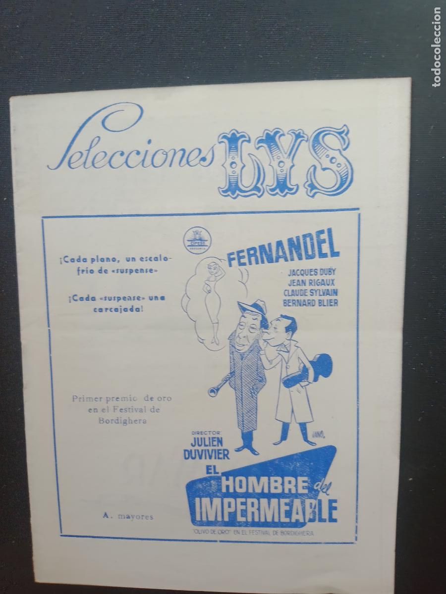 Cine: EL HOMBRE DEL IMPERMEABLE, FERNANDEL 1958. CARTELERA SEMANAL VALENCIA CINEMA SELECCIONES LYS A&Ntilde;OS 50
