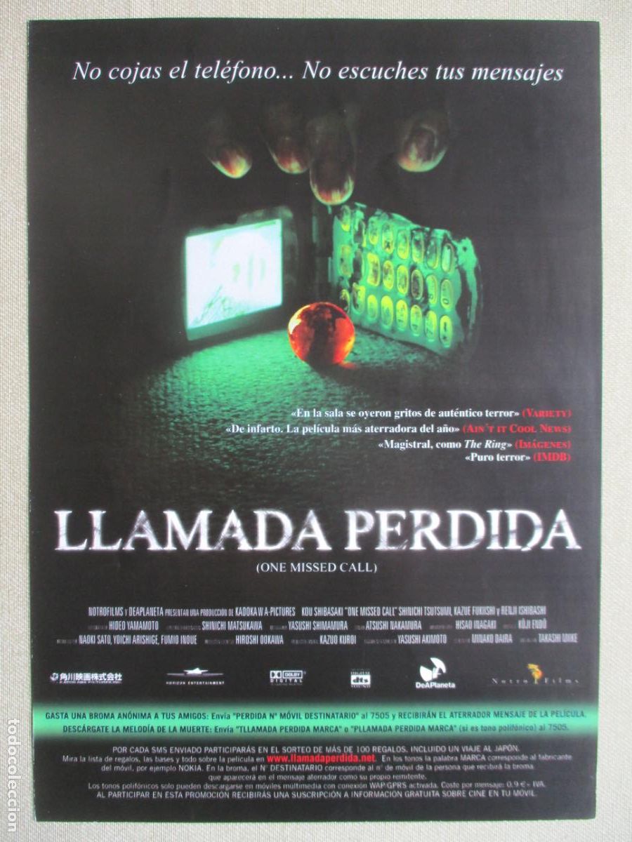 Kino: LLAMADA PERDIDA. GUIA ORIGINAL ESTRENO. PEDIDO MINIMO EN GUIAS 10 EUROS.
