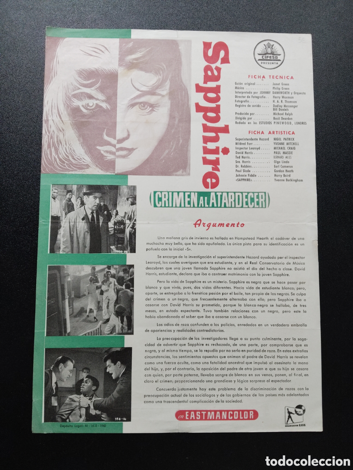 Kino: CRIMEN AL ATARDECER - SAPPHIRE - NIGEL PATRICK Y YVONNE MITCHEL - CIFESA GUIA DE CINE ORIGINAL CA60