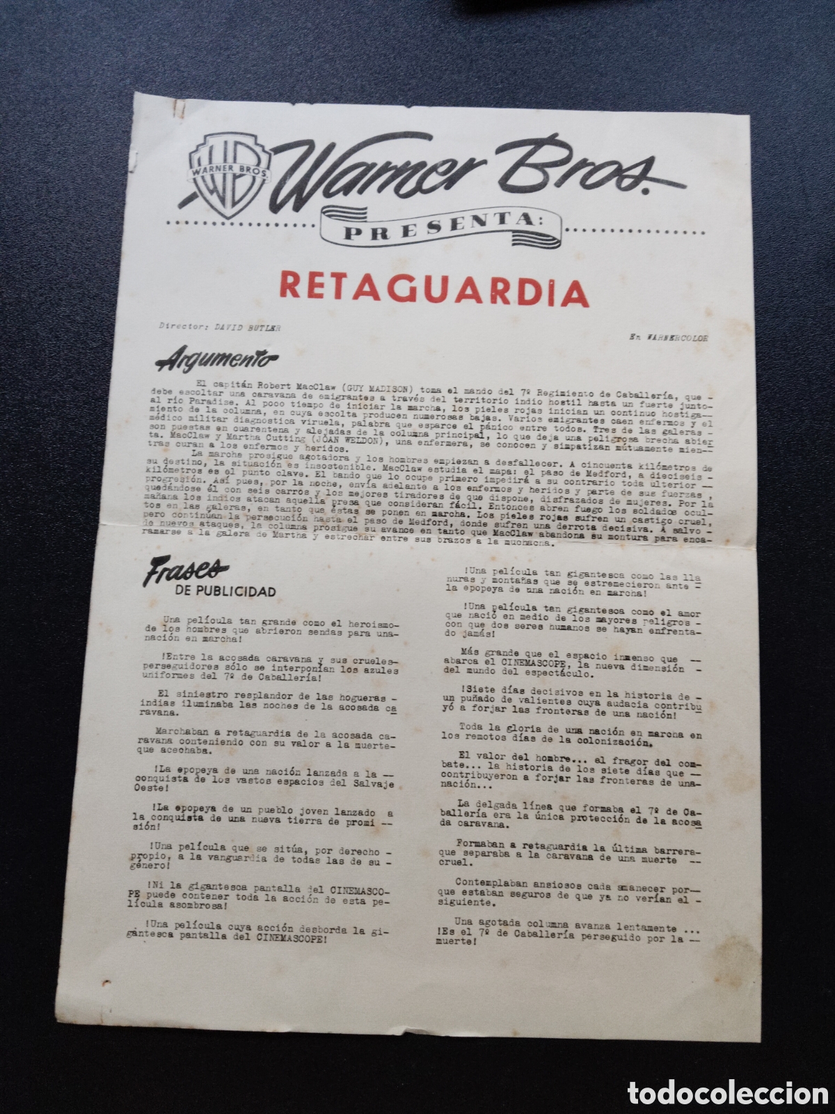 Cinema: RETAGUARDIA - WARNER BROS - ARGUMENTO Y FRASES DE PUBLICIDAD - GUIA DE CINE ORIGINAL CA60