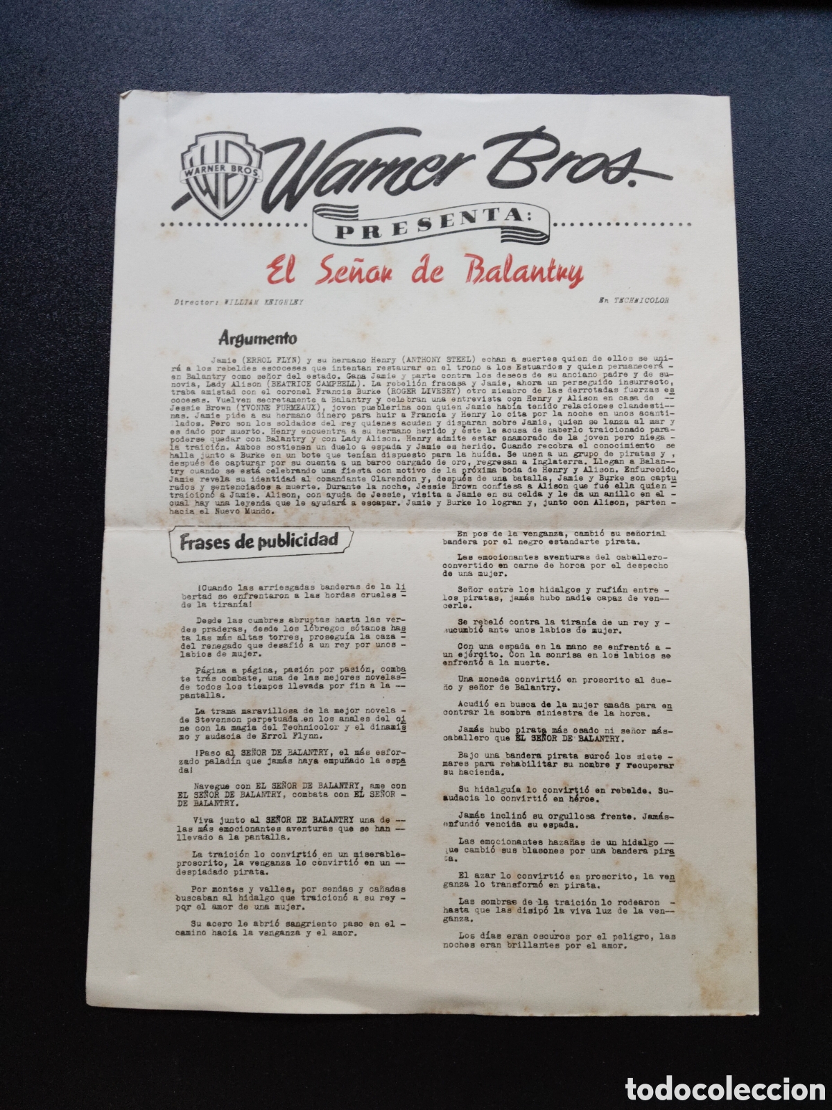 Cinema: EL SE&Ntilde;OR DE BALANTRY - WARNER BROS - ARGUMENTO Y FRASES DE PUBLICIDAD - GUIA DE CINE ORIGINAL CA60