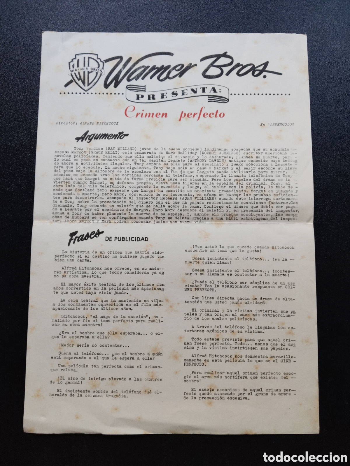 Cinema: CRIMEN PERFECTO - WARNER BROS - ARGUMENTO Y FRASES DE PUBLICIDAD - GUIA DE CINE ORIGINAL CA60