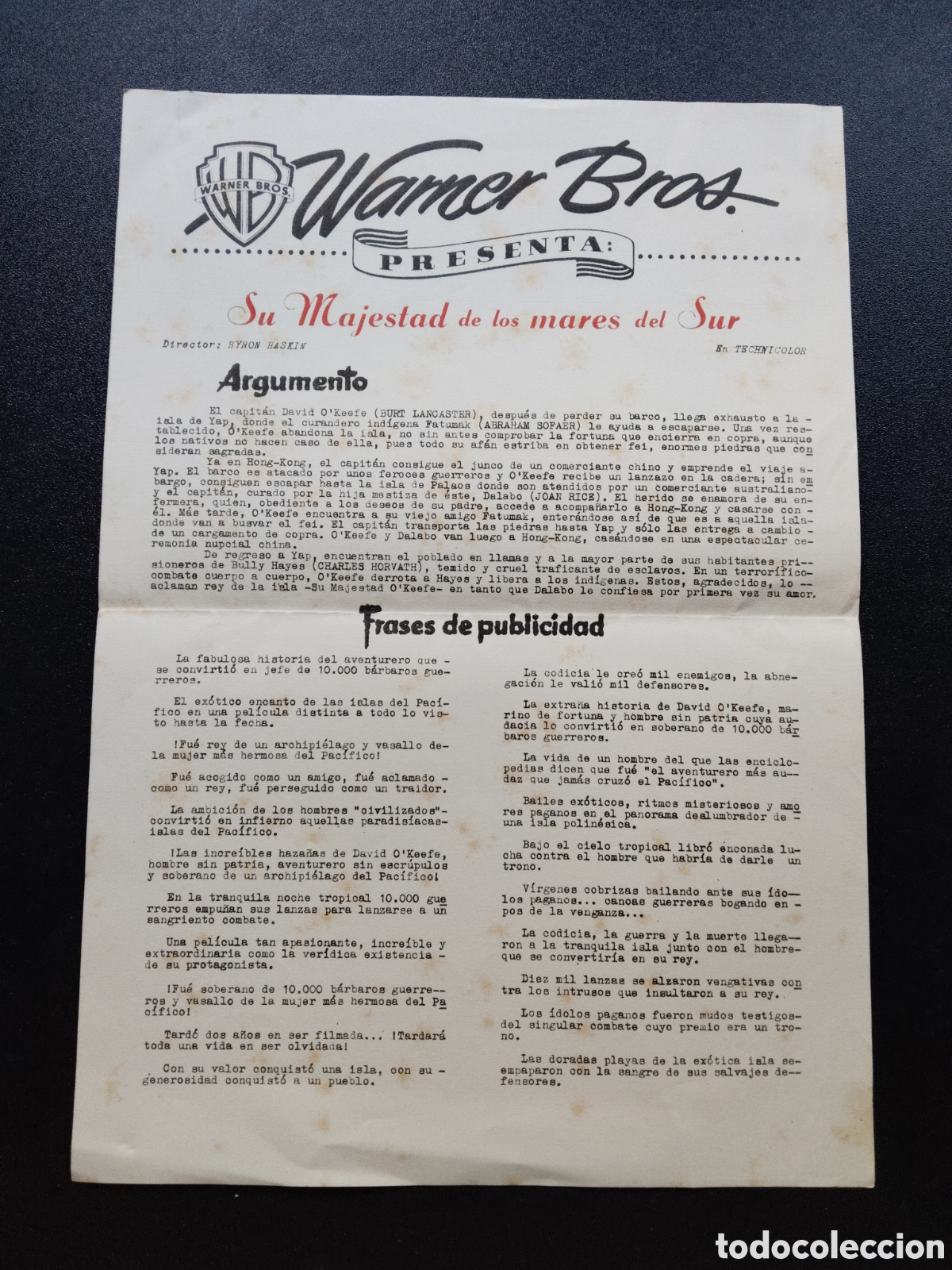 Cinema: SU MAJESTAD DE LOS MARES DEL SUR - WARNER BROS - ARGUMENTO Y PUBLICIDAD - GUIA DE CINE ORIGINAL CA60