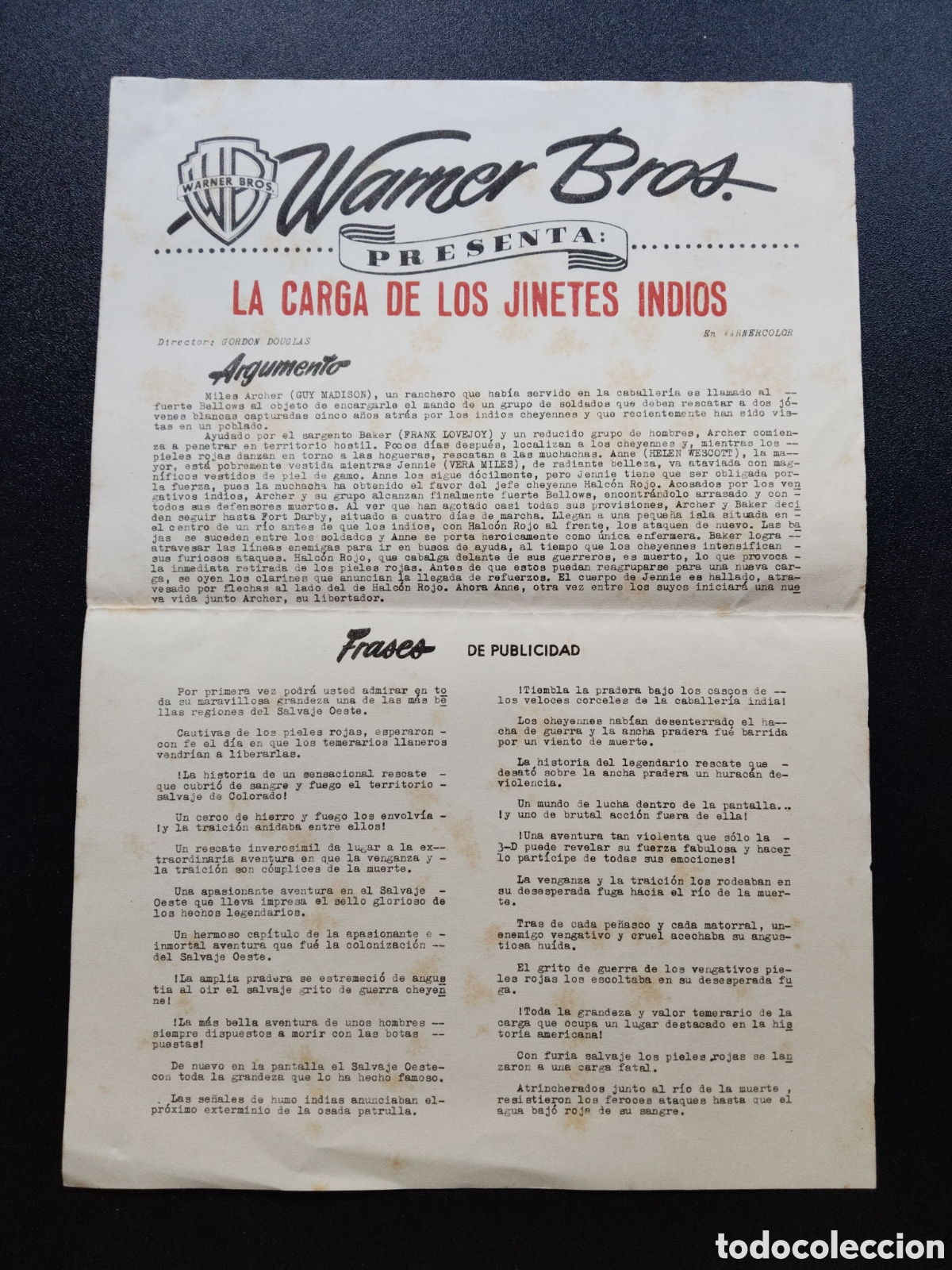 Cinema: LA CARGA DE LOS JINETES INDIOS - WARNER BROS - ARGUMENTO Y PUBLICIDAD - GUIA DE CINE ORIGINAL CA60