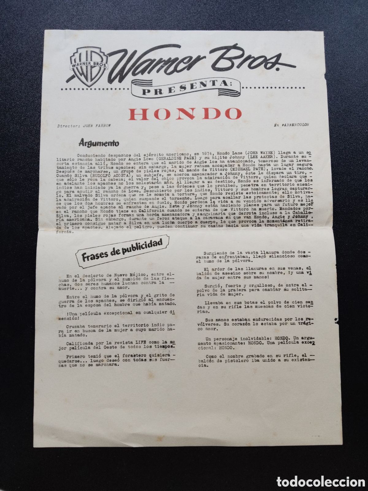 Cine: HONDO - WARNER BROS - ARGUMENTO Y FRASES DE PUBLICIDAD - GUIA DE CINE ORIGINAL CA60