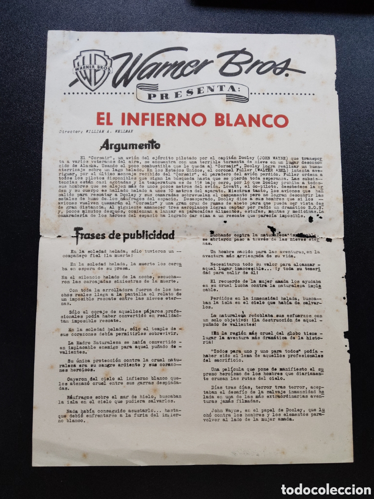 Cinema: EL INFIERNO BLANCO - WARNER BROS - ARGUMENTO Y FRASES DE PUBLICIDAD - GUIA DE CINE ORIGINAL CA60