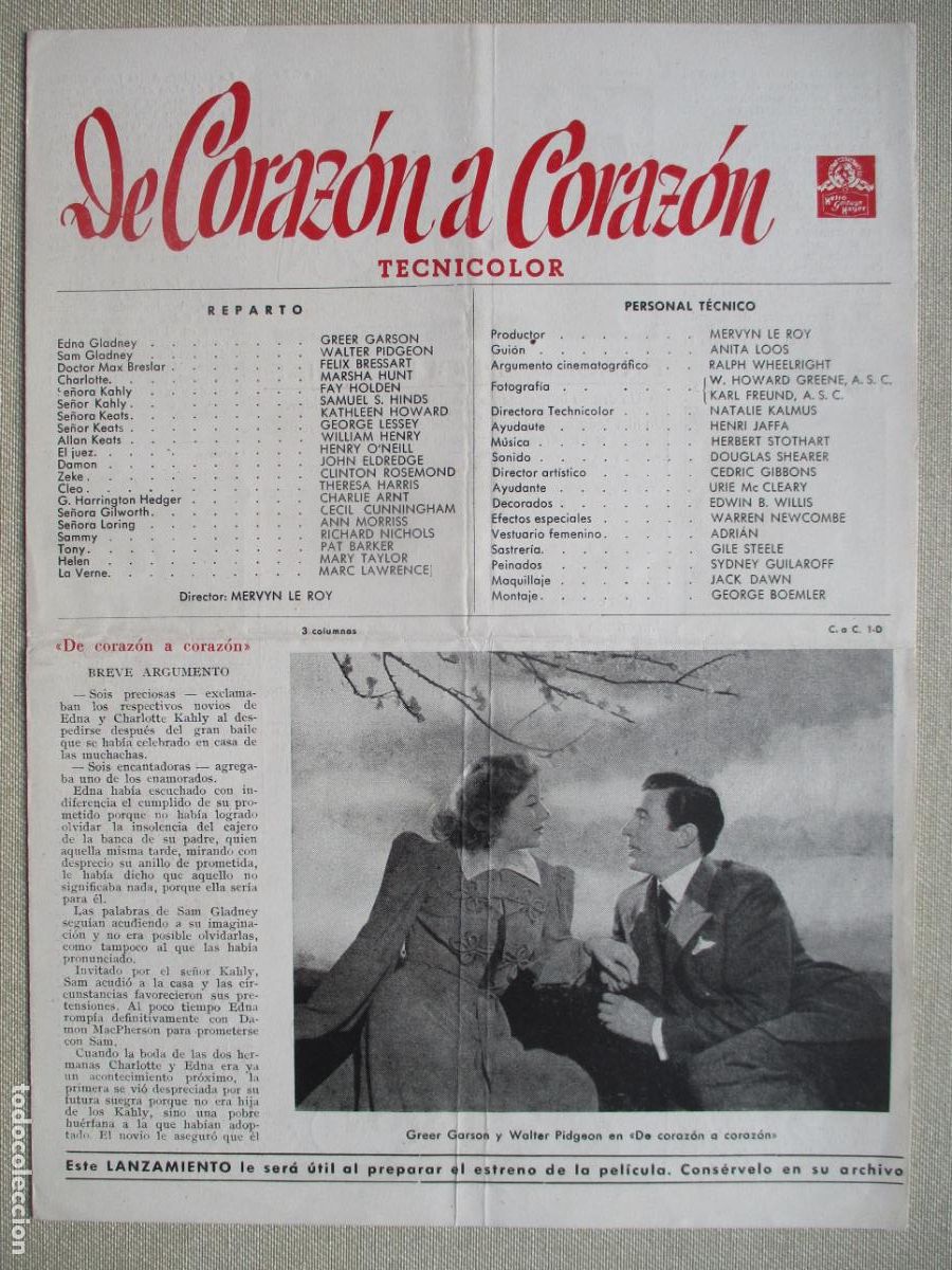 Cine: DE CORAZON A CORAZON. GUIA ORIGINAL ESTRENO. PEDIDO MINIMO EN GUIAS 10 EUROS.