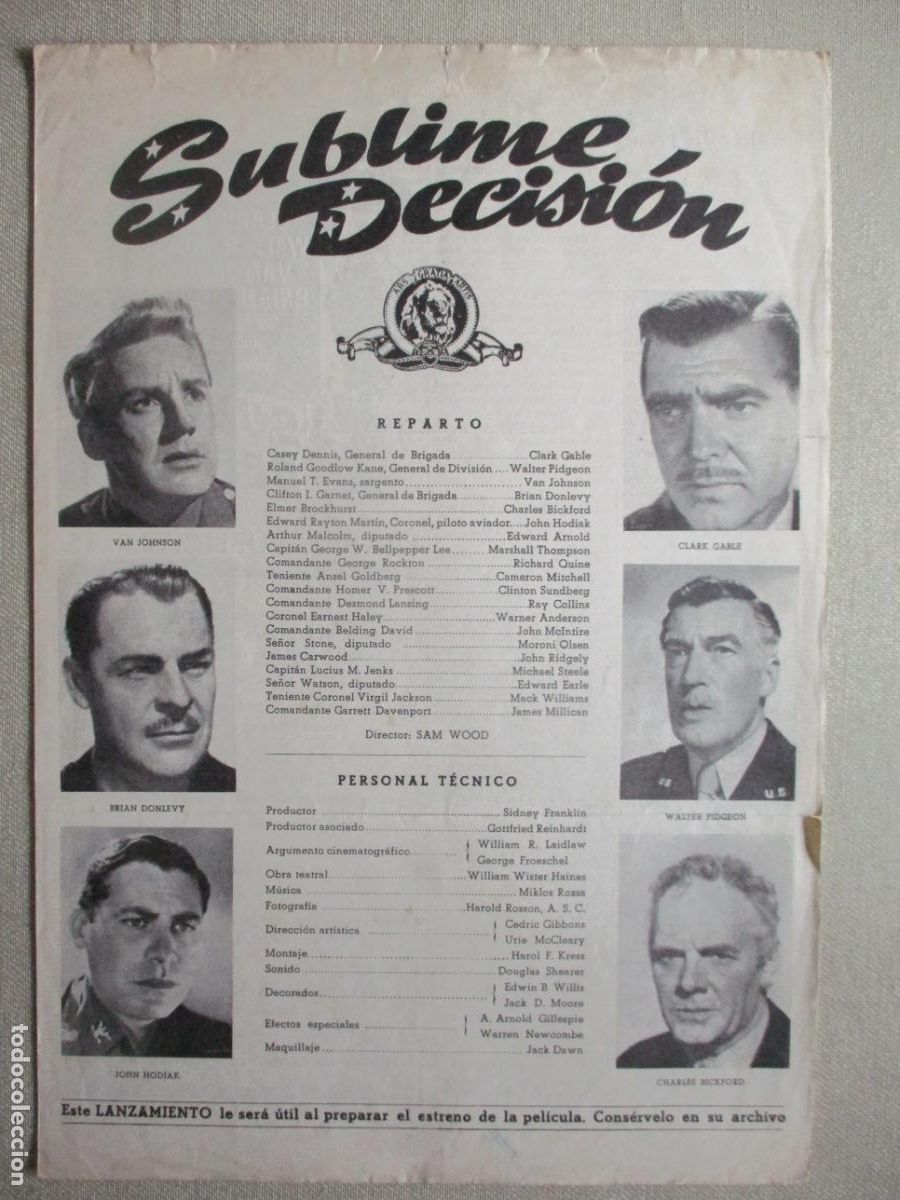 Cine: SUBLIME DECISION. GUIA ORIGINAL ESTRENO. PEDIDO MINIMO EN GUIAS 10 EUROS.