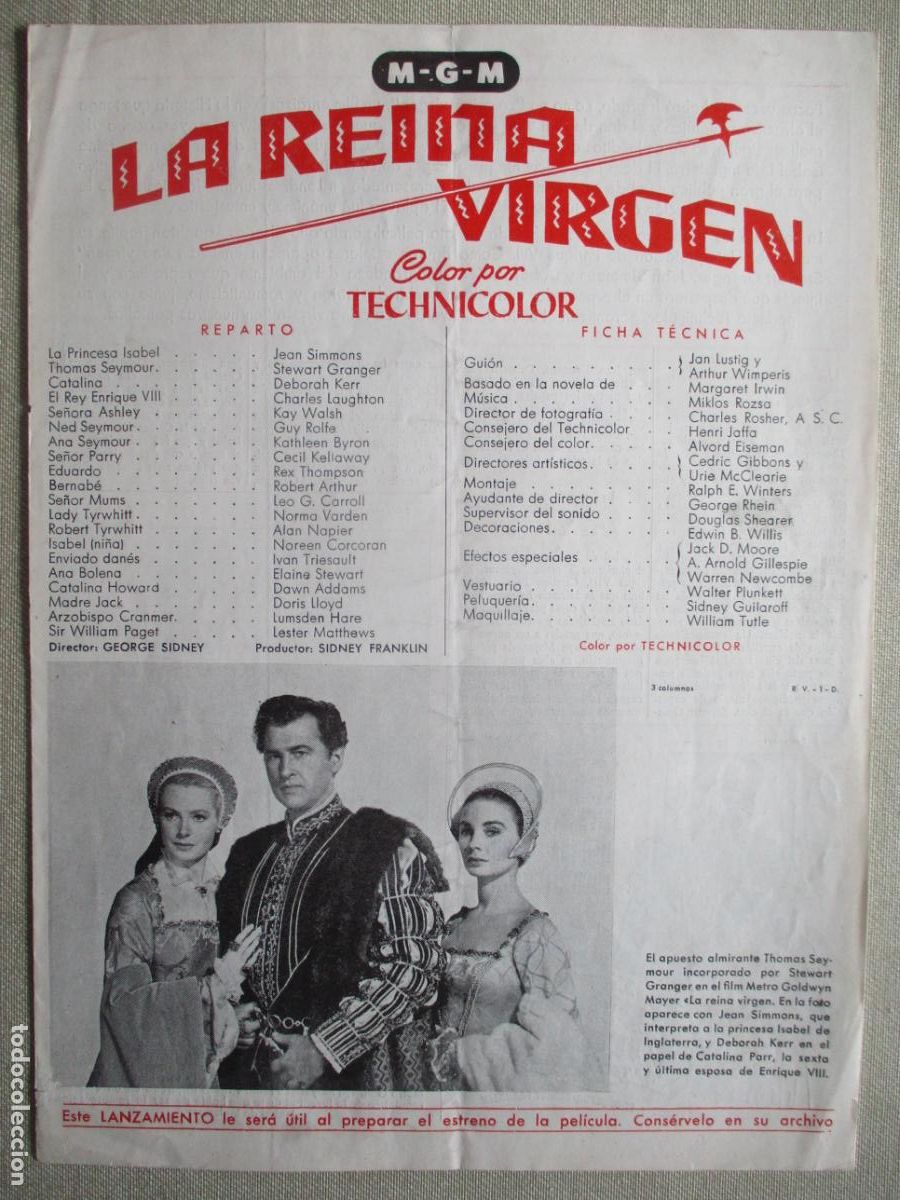 Cinema: LA REINA VIRGEN. GUIA ORIGINAL ESTRENO. PEDIDO MINIMO EN GUIAS 10 EUROS.