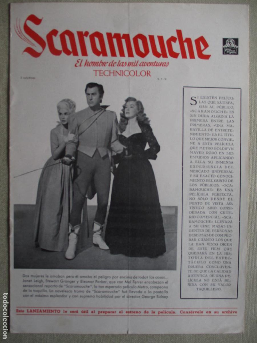 Cinema: SCARAMOUCHE. GUIA ORIGINAL ESTRENO. PEDIDO MINIMO EN GUIAS 10 EUROS.