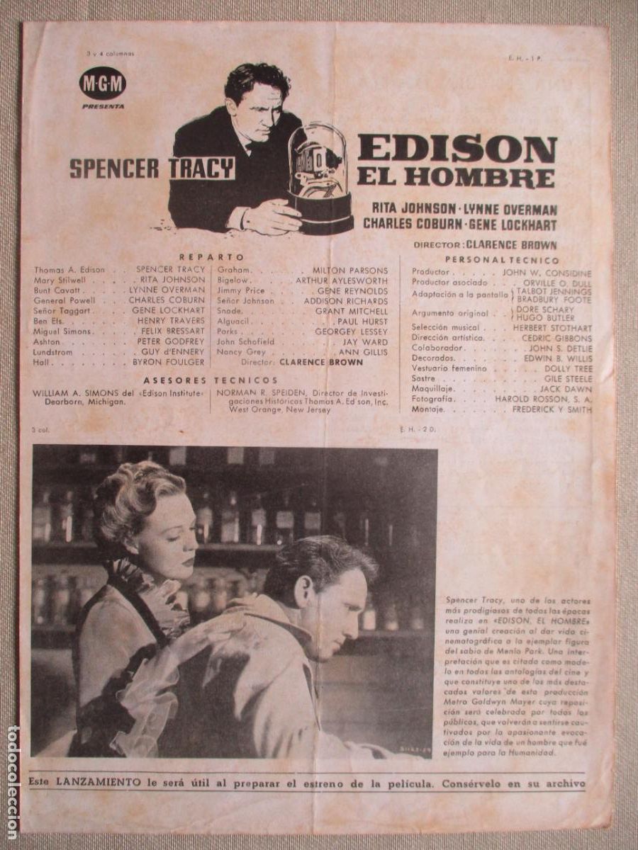 Cine: EDISON EL HOMBRE. GUIA ORIGINAL ESTRENO. PEDIDO MINIMO EN GUIAS 10 EUROS.
