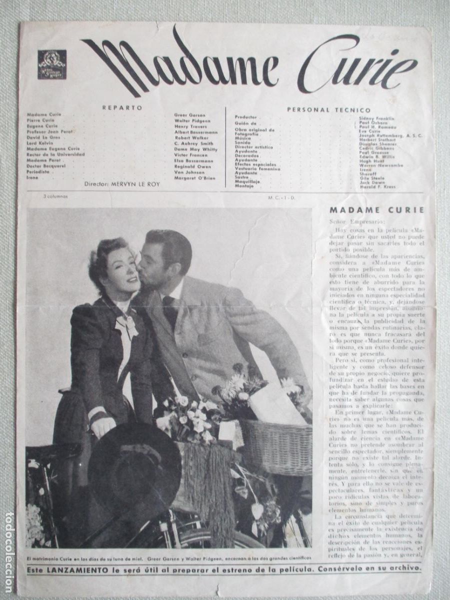 Cine: MADAME CURIE. GUIA ORIGINAL ESTRENO. PEDIDO MINIMO EN GUIAS 10 EUROS.