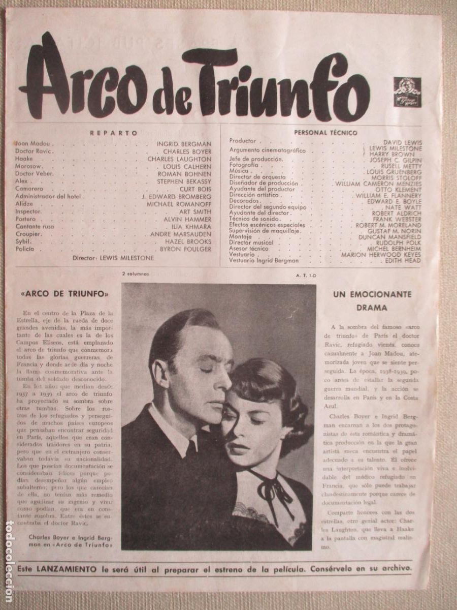 Cine: ARCO DE TRIUNFO. GUIA ORIGINAL ESTRENO. PEDIDO MINIMO EN GUIAS 10 EUROS.