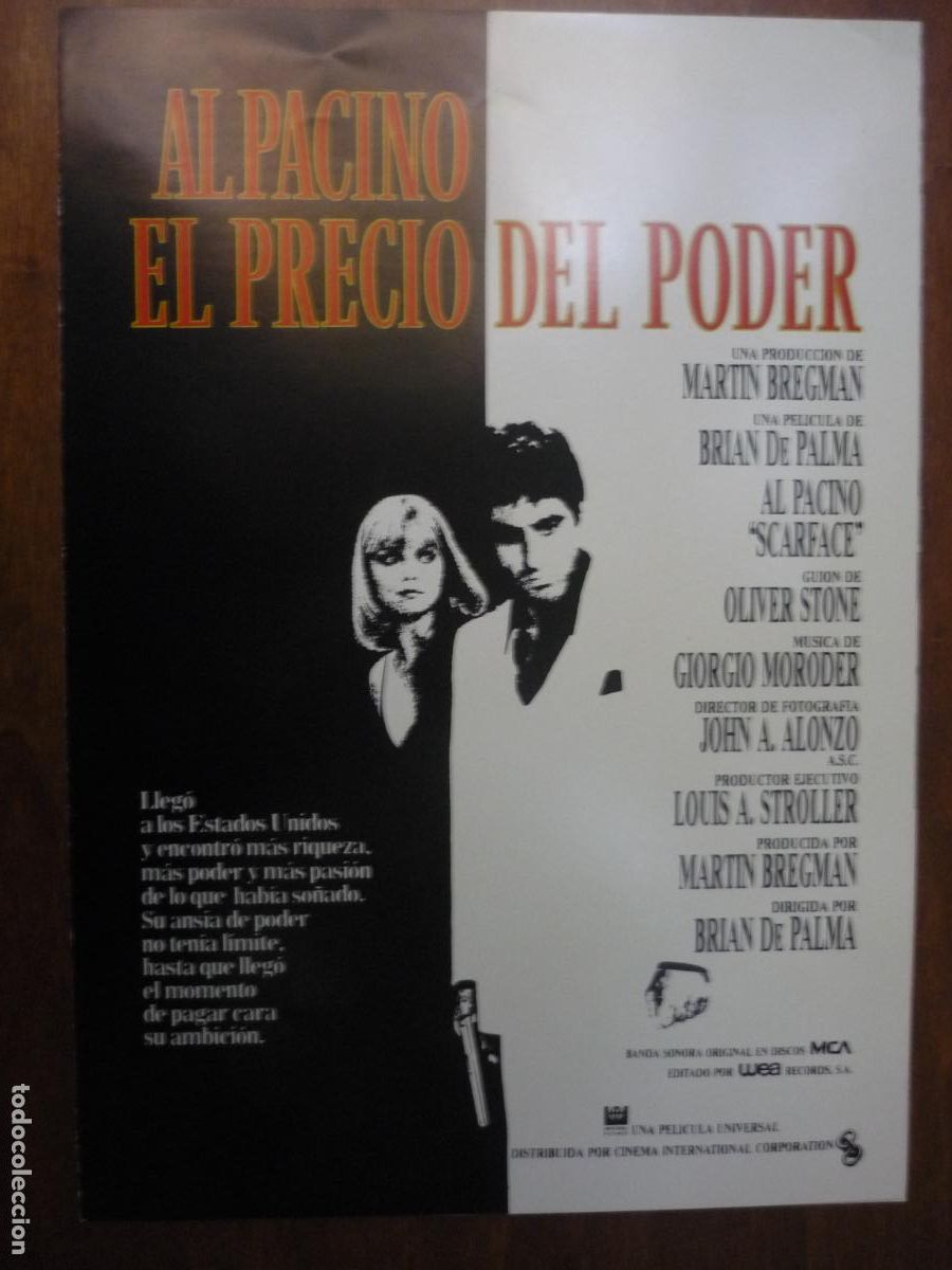 Cine: el precio del poder scarface - guia publicitaria original - al pacino m pfeiffer brian de palma