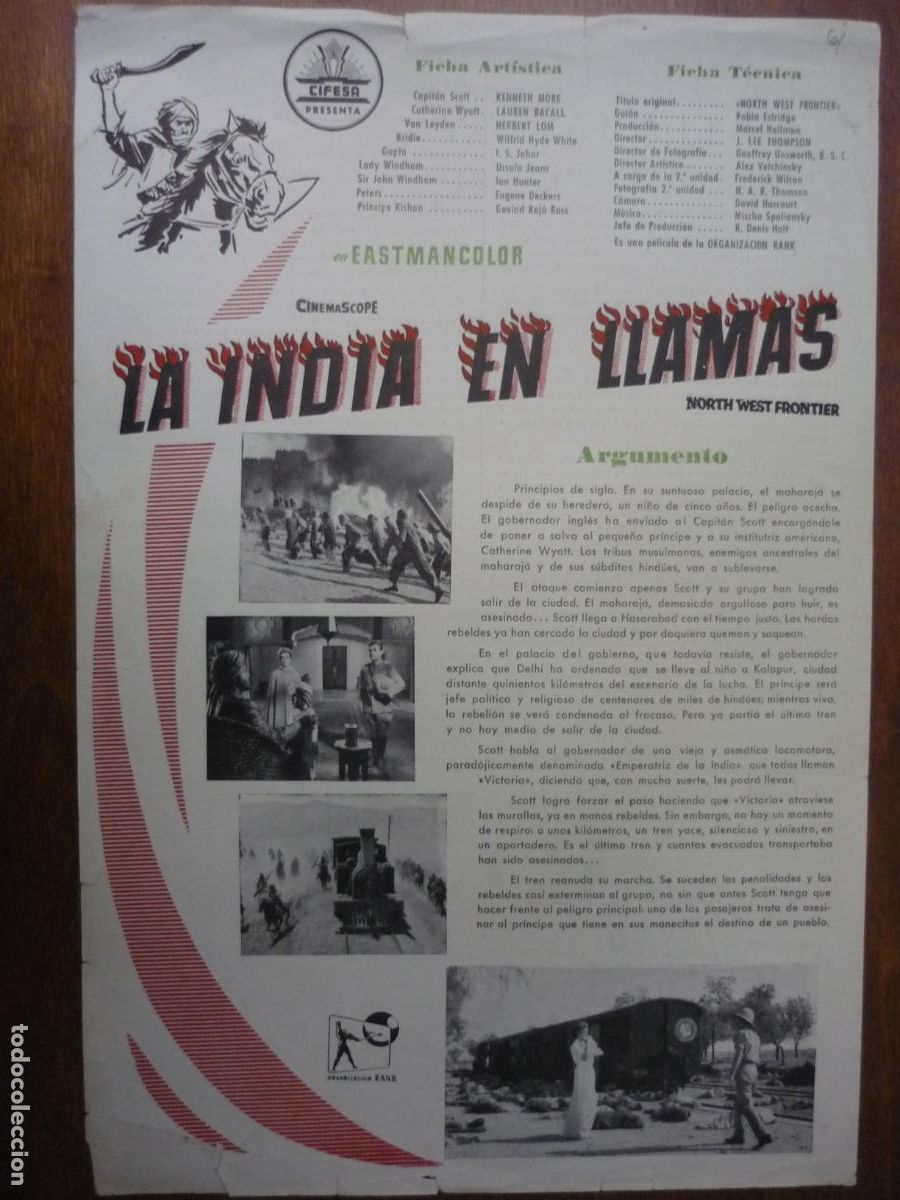 Cine: la india en llamas - guia publicitaria original - lauren bacall eneth moore herbert lom cifesa