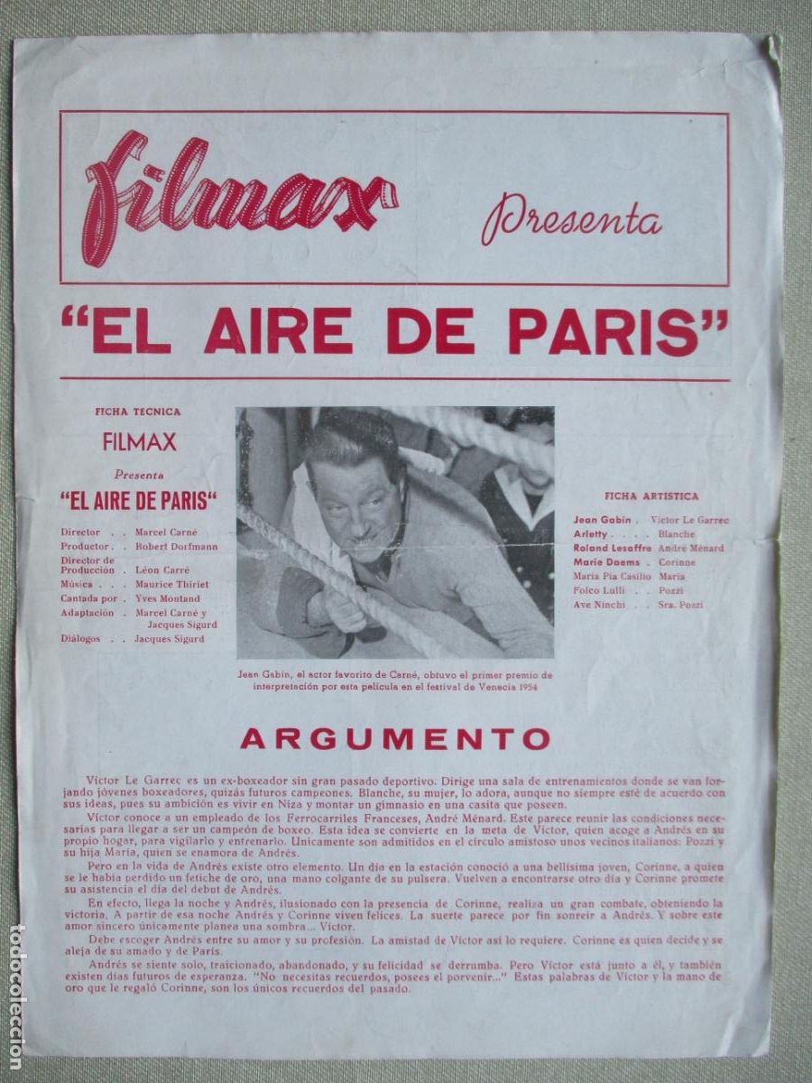 Cin&eacute;ma: EL AIRE DE PARIS. GUIA ORIGINAL ESTRENO. PEDIDO MINIMO EN GUIAS 10 EUROS.