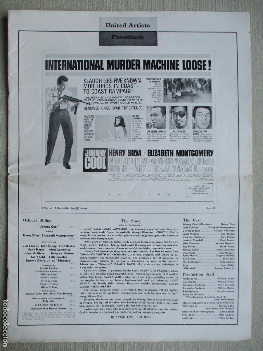Cine: JOHNNY COOL. GUIA ORIGINAL AMERICANA. PEDIDO MINIMO EN GUIAS 10 EUROS.