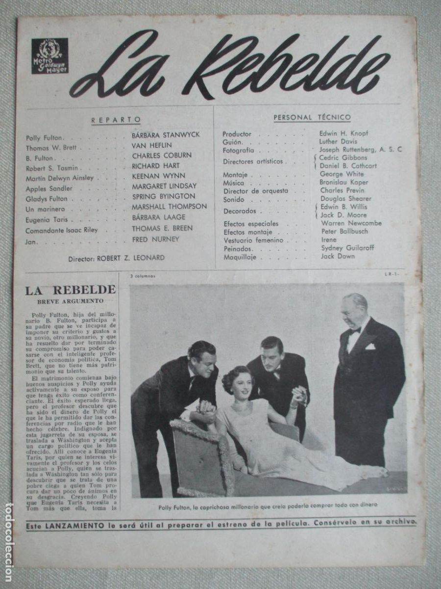 Cine: LA REBELDE. GUIA ORIGINAL ESTRENO. PEDIDO MINIMO EN GUIAS 10 EUROS.