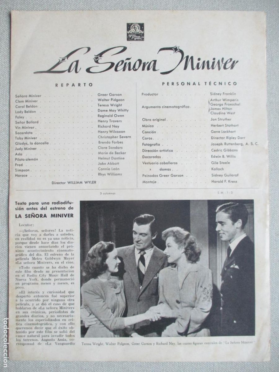 Cine: LA SE&Ntilde;ORA MINIVER. GUIA ORIGINAL ESTRENO. PEDIDO MINIMO EN GUIAS 10 EUROS.