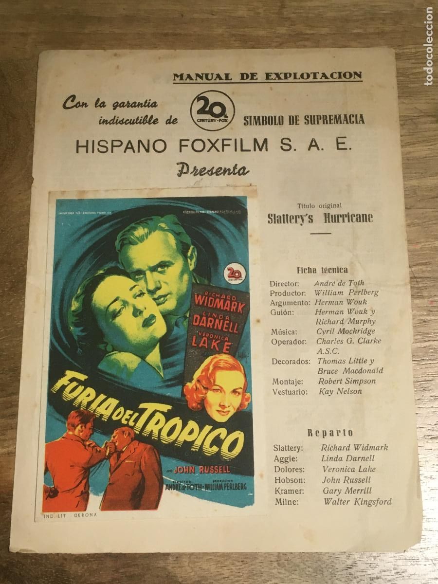 Cinema: furia en el tropico richard widmark soligo guia publicitaria original estreno