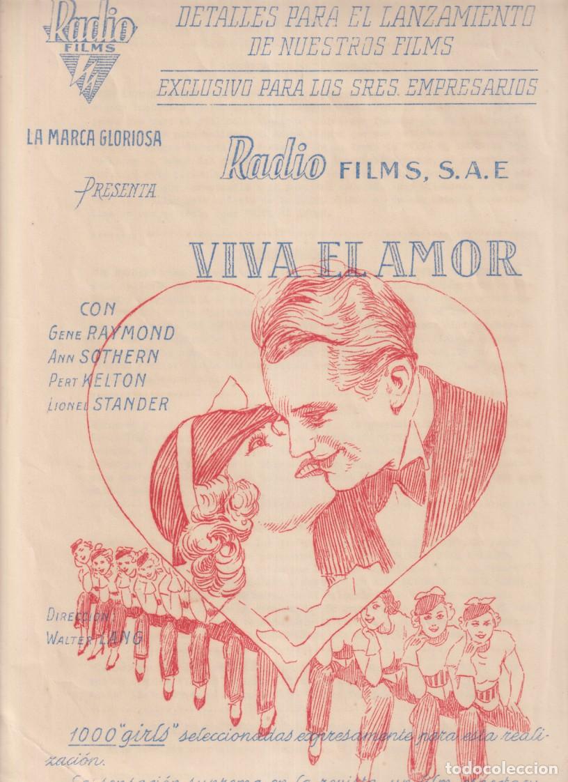 Cine: Viva el amor. Gu&iacute;a de Radio films 1935. Triple hoja (33x22): Gu&iacute;a de portada + 2 a describir el film