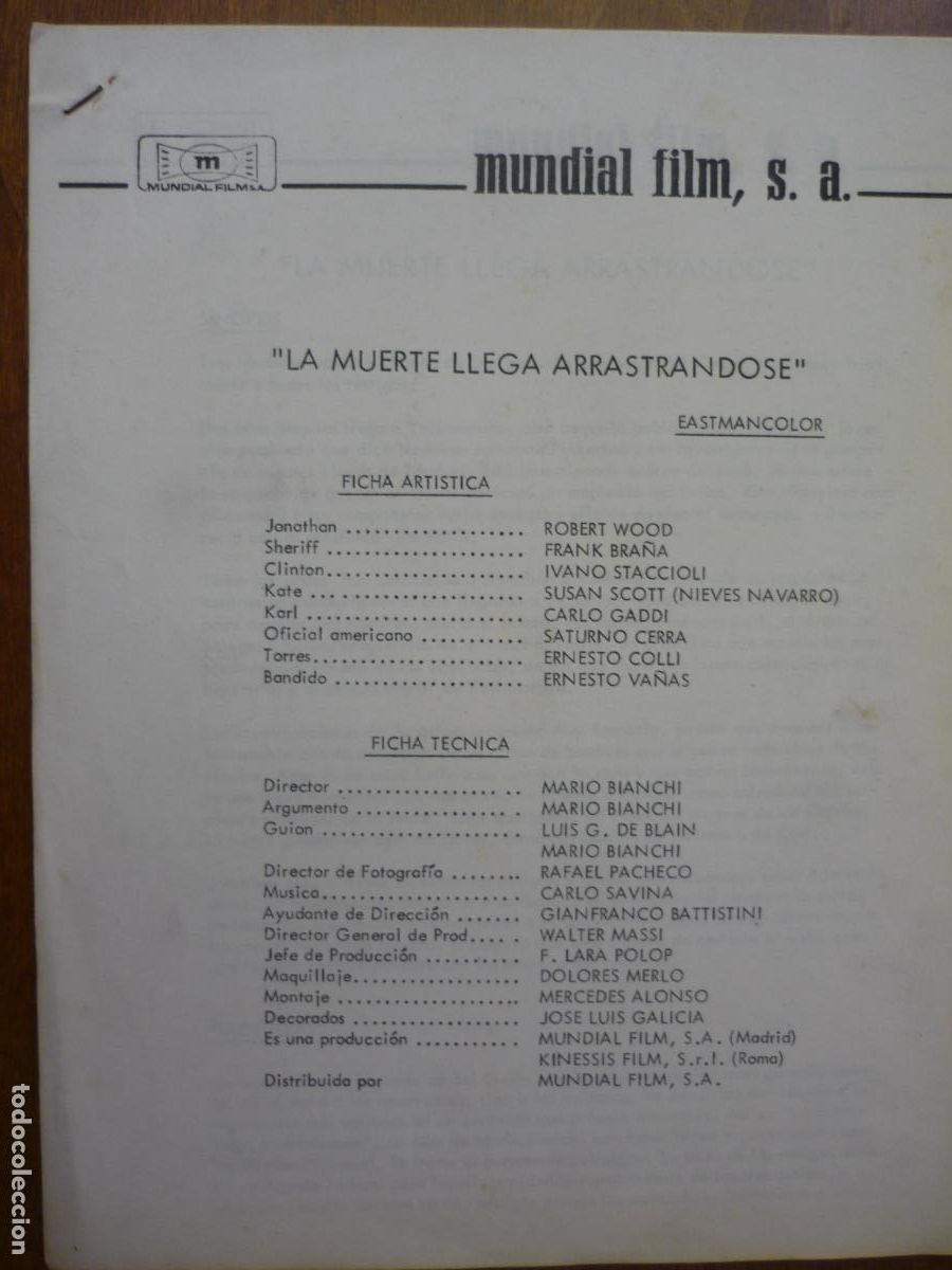 Cine: la muerte llega arrastrandose - guia publicitaria original dossier mundial films robert wood western
