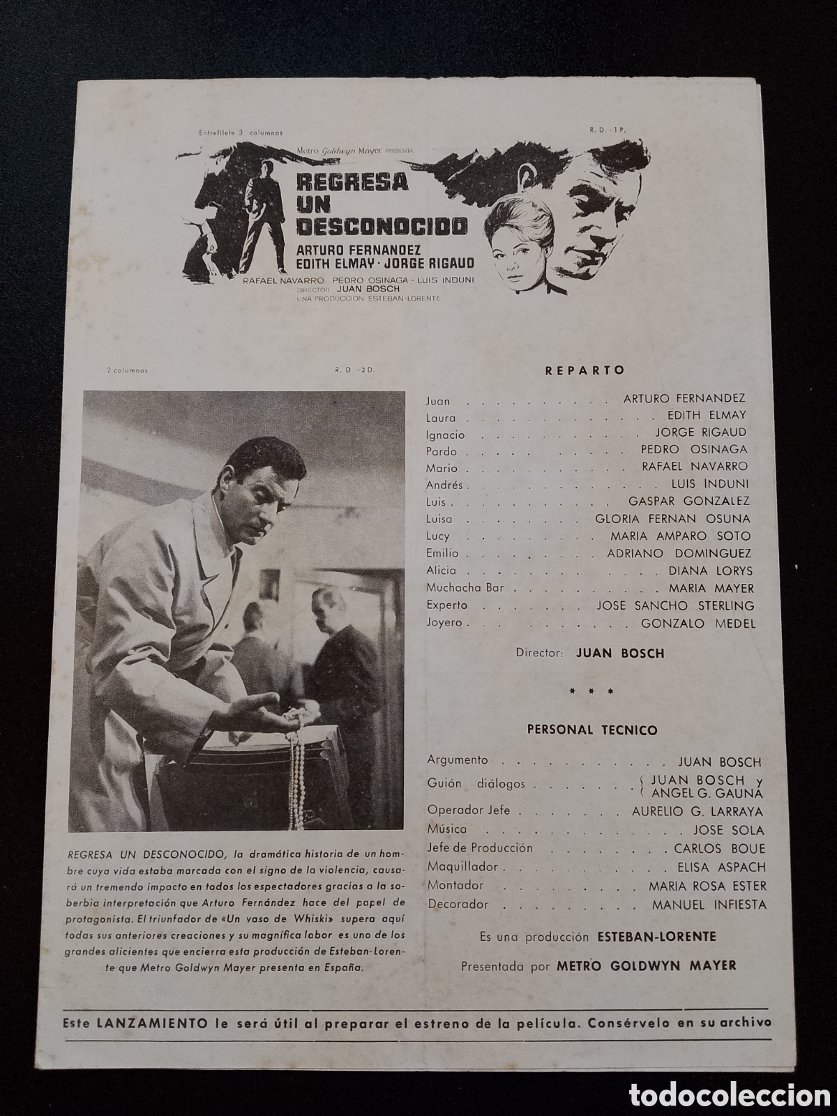 Cine: REGRESA UN DESCONOCIDO ARTURO FERNANDEZ JUAN BOSCH GUIA DE CINE ORIGINAL CA87