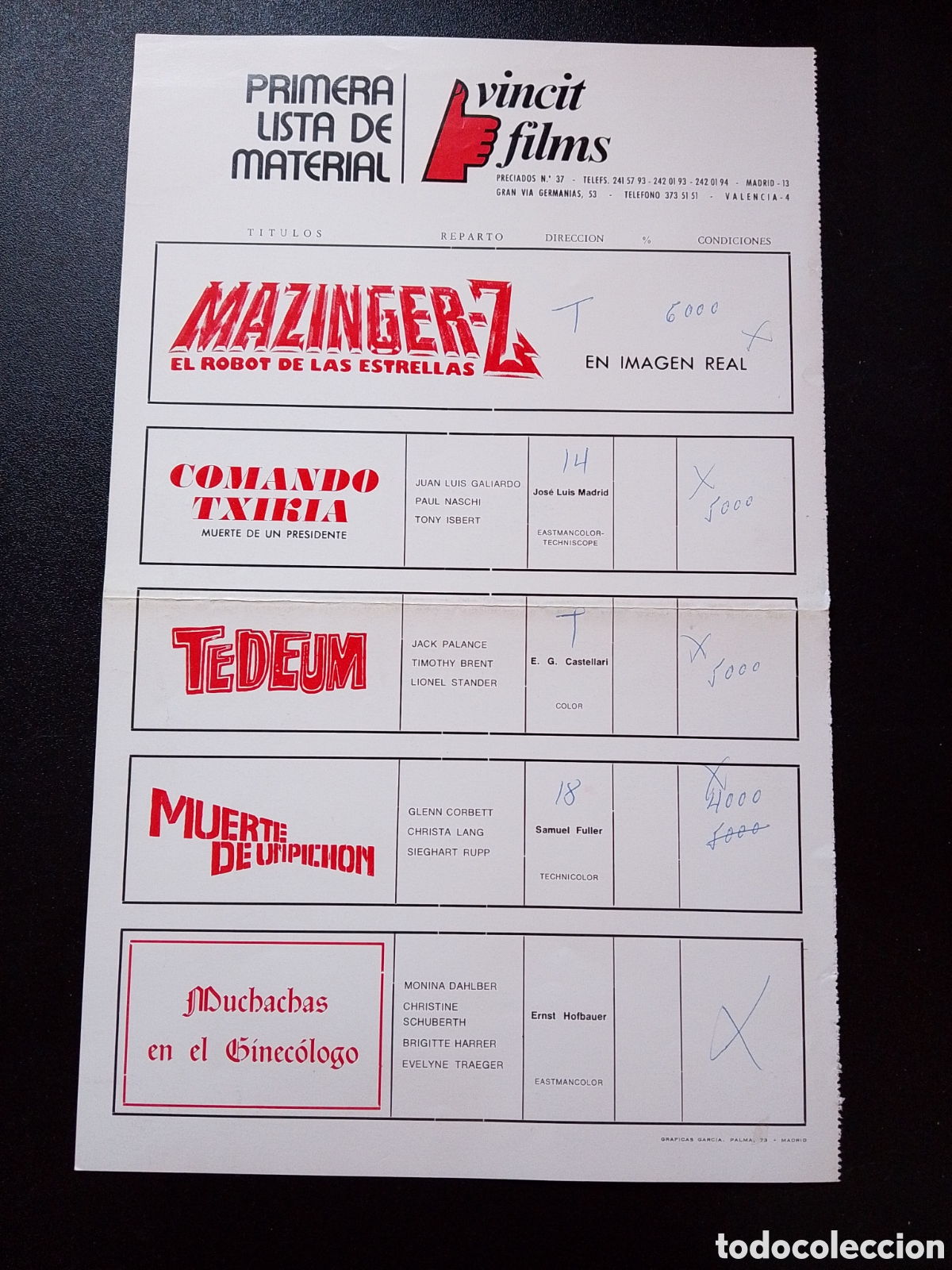 Cine: LISTA MATERIAL VINCIT FILMS MAZINGER Z EL ROBOT DE LAS ESTRELLAS GUIA CINE ORIGINAL