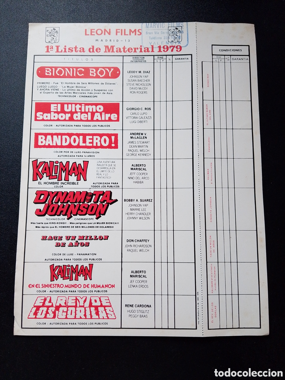 Cinema: 1&ordf; LISTA MATERIAL 1979 LEON FILMS GUIA CINE ORIGINAL CA89