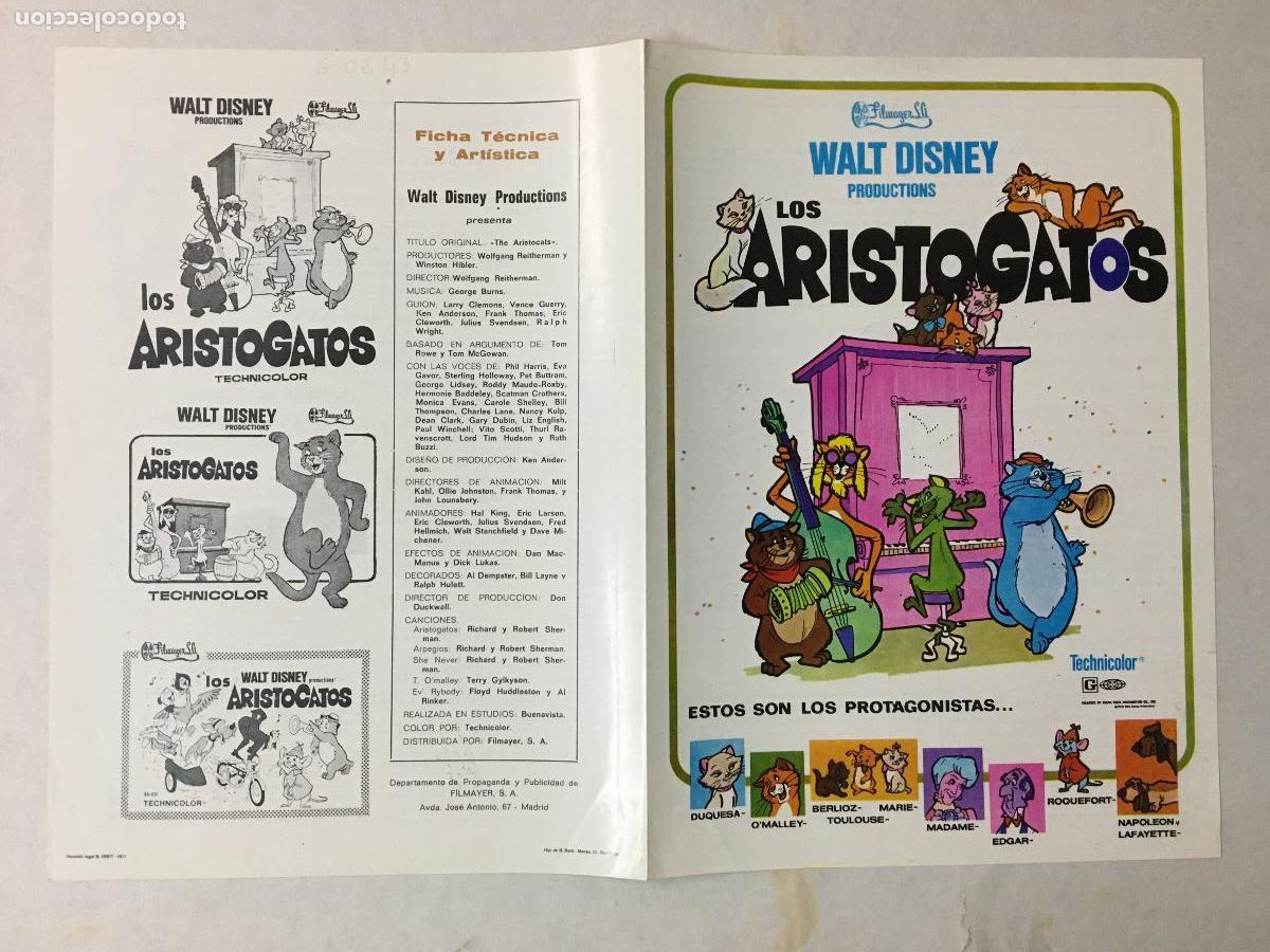 Cine: G10325 LOS ARISTOGATOS WALT DISNEY GUIA ORIGINAL ESTRENO FILMAYER