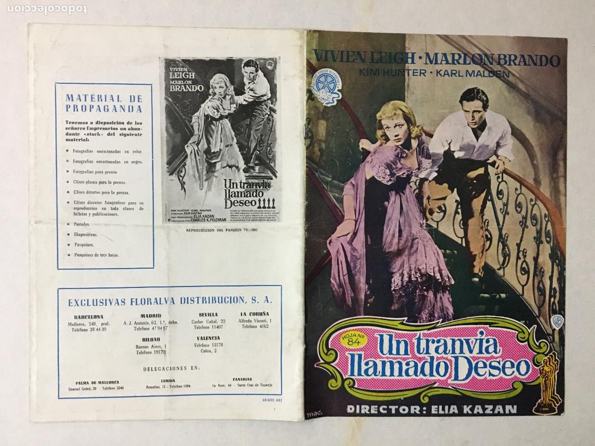 Cine: G10326 UN TRANVIA LLAMADO DESEO MARLON BRANDO VIVIEN LEIGH ELIA KAZAN GUIA ORIGINAL FLORALVA ESTRENO