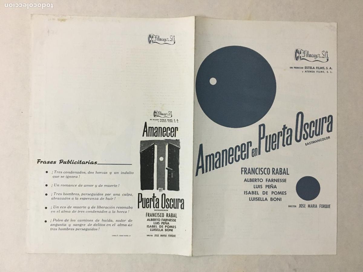 Cine: G10331 AMANECER EN PUERTA OSCURA FRANCISCO RABAL JOSE MARIA FORQUE GUIA ORIGINAL FILMAYER ESTRENO