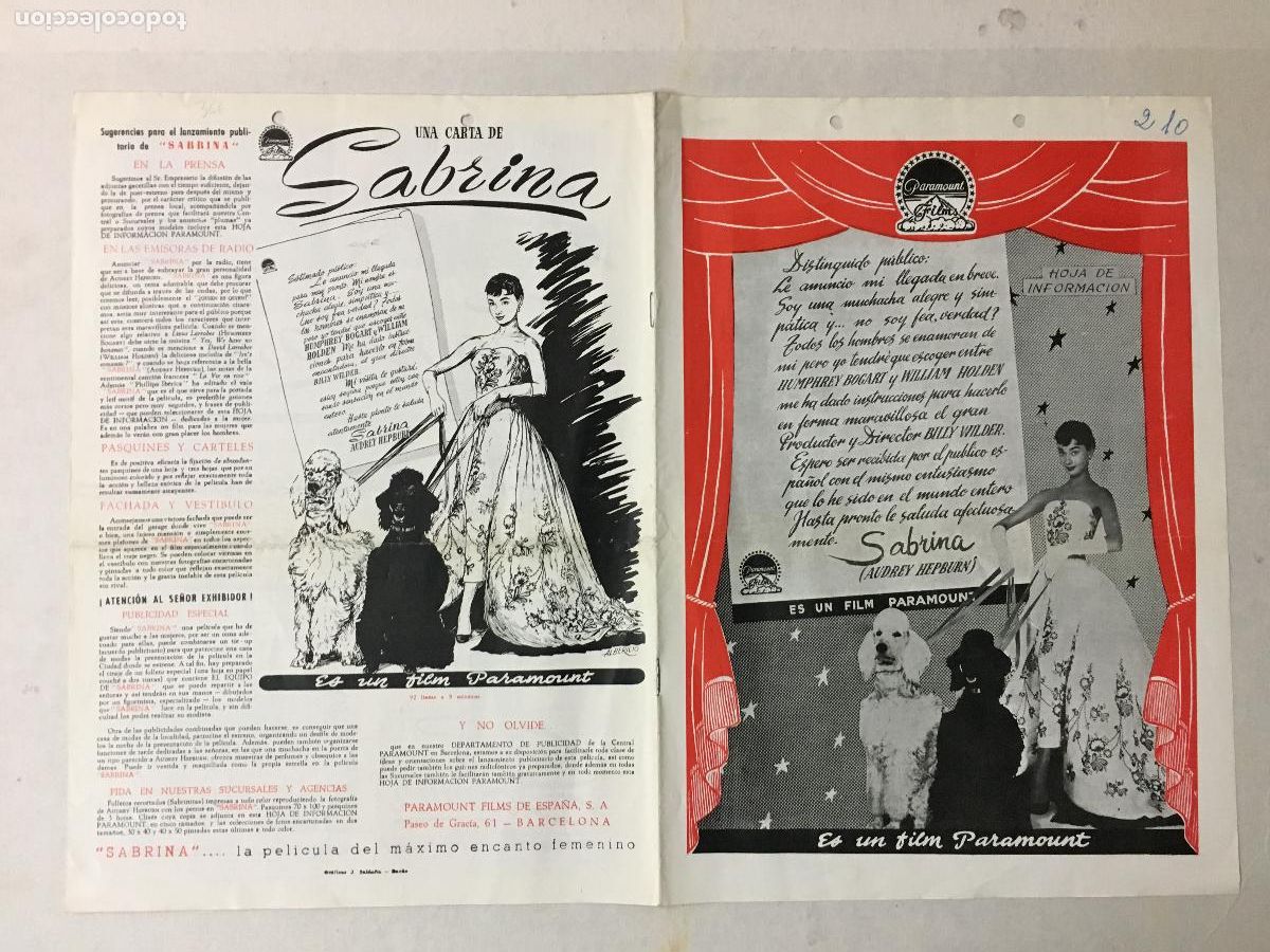 Cinema: G10353 SABRINA AUDREY HEPBURN HUMPHREY BOGART BILLY WILDER HOLDEN GUIA ORIGINAL ESTRENO PARAMOUNT
