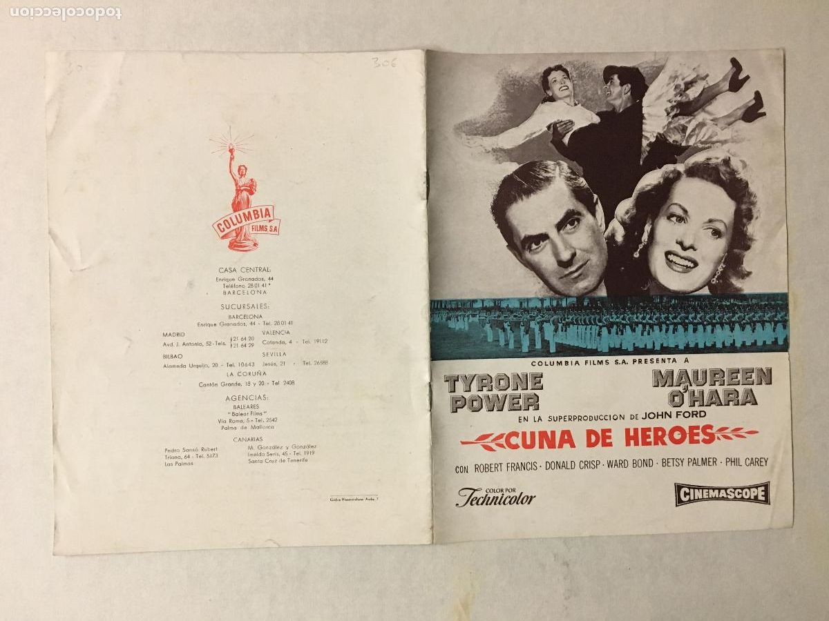 Cinema: G10354 CUNA DE HEROES TYRONE POWER MAUREEN O'HARA JOHN FORD GUIA ORIGINAL ESTRENO COLUMBIA